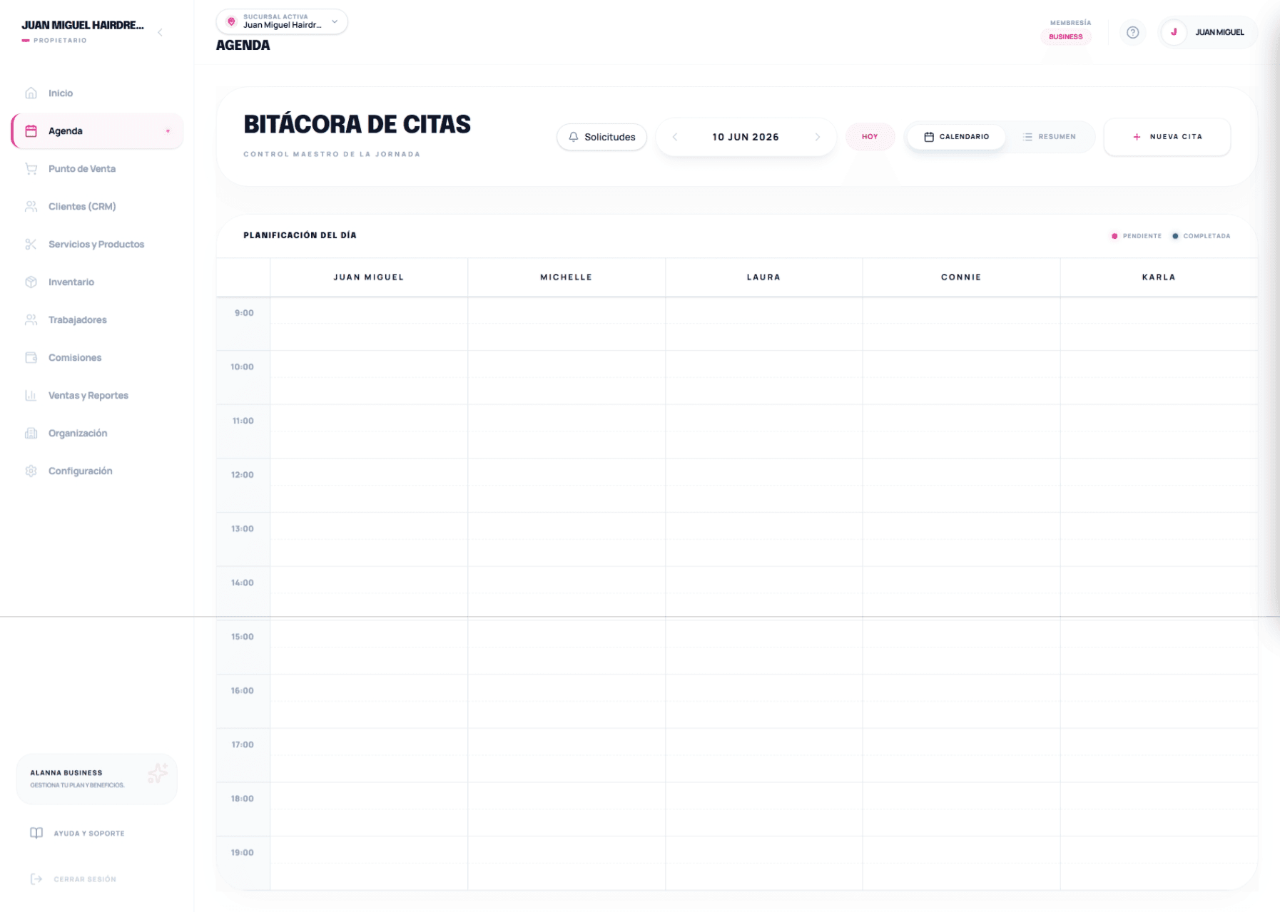 Pantalla de Agenda Inteligente y Validación en Alanna