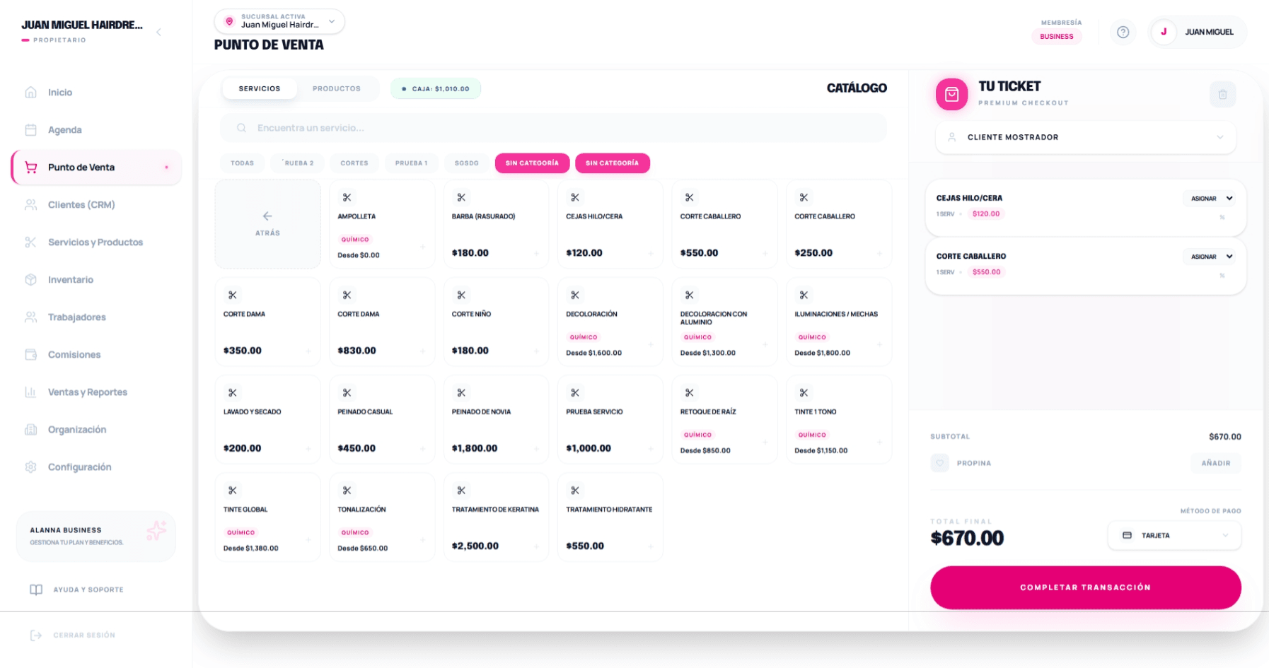 Punto de venta de Alanna — catálogo de servicios y cobro del salón en un solo lugar