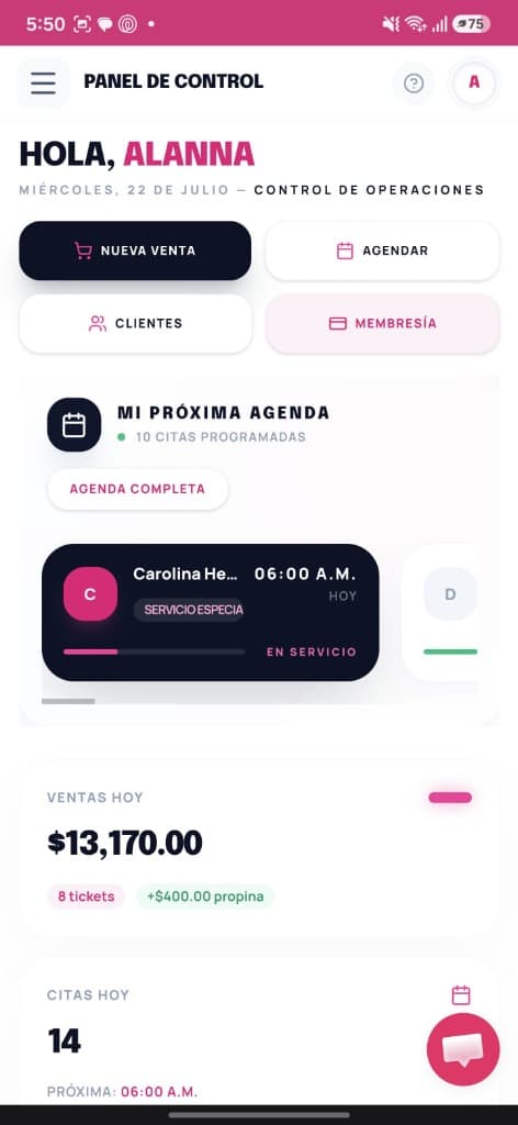Pantalla principal de la App Móvil Alanna: Agenda y Gestión